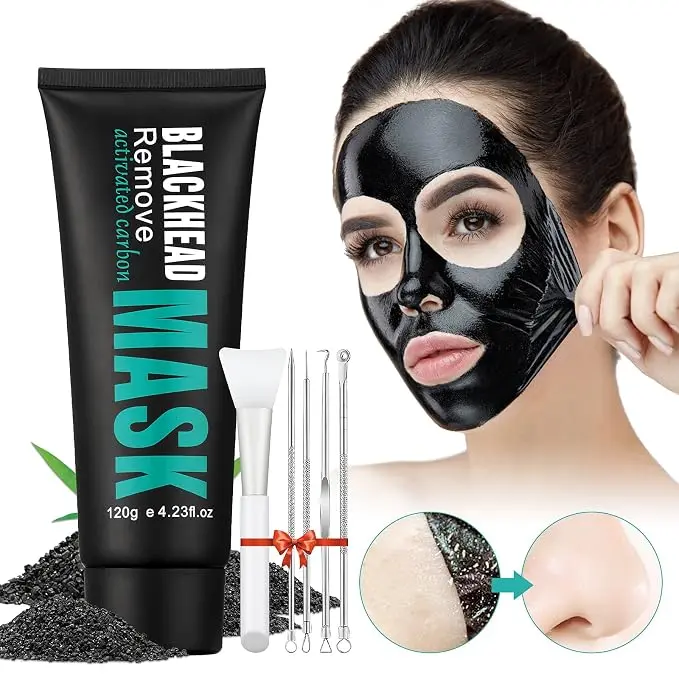 Peel Off Face Mask Blackhead Whiteheads Remover Masks Activated Charcoal Black Mask Facial Mask for Nose Pores Removal Cleansing Acne with Brush and Pimple Extractor Tools