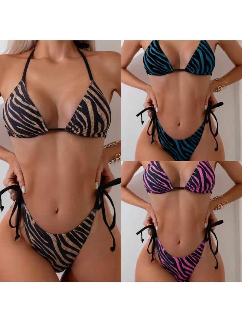 New Two-Piece Printed Bikini Set for Women with Straps and Split Design Geometric Pattern Mid Rise Lingerie Sets 100% Polyester - Fabric, Womenswear