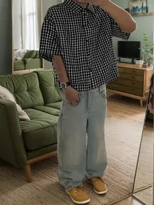 Men's Graphic Print Regular Short Sleeve Shirt, Casual Retro Gingham Shirt for Daily Wear, Fashion Men's Top for Summer, Casual Outdoor Shirt