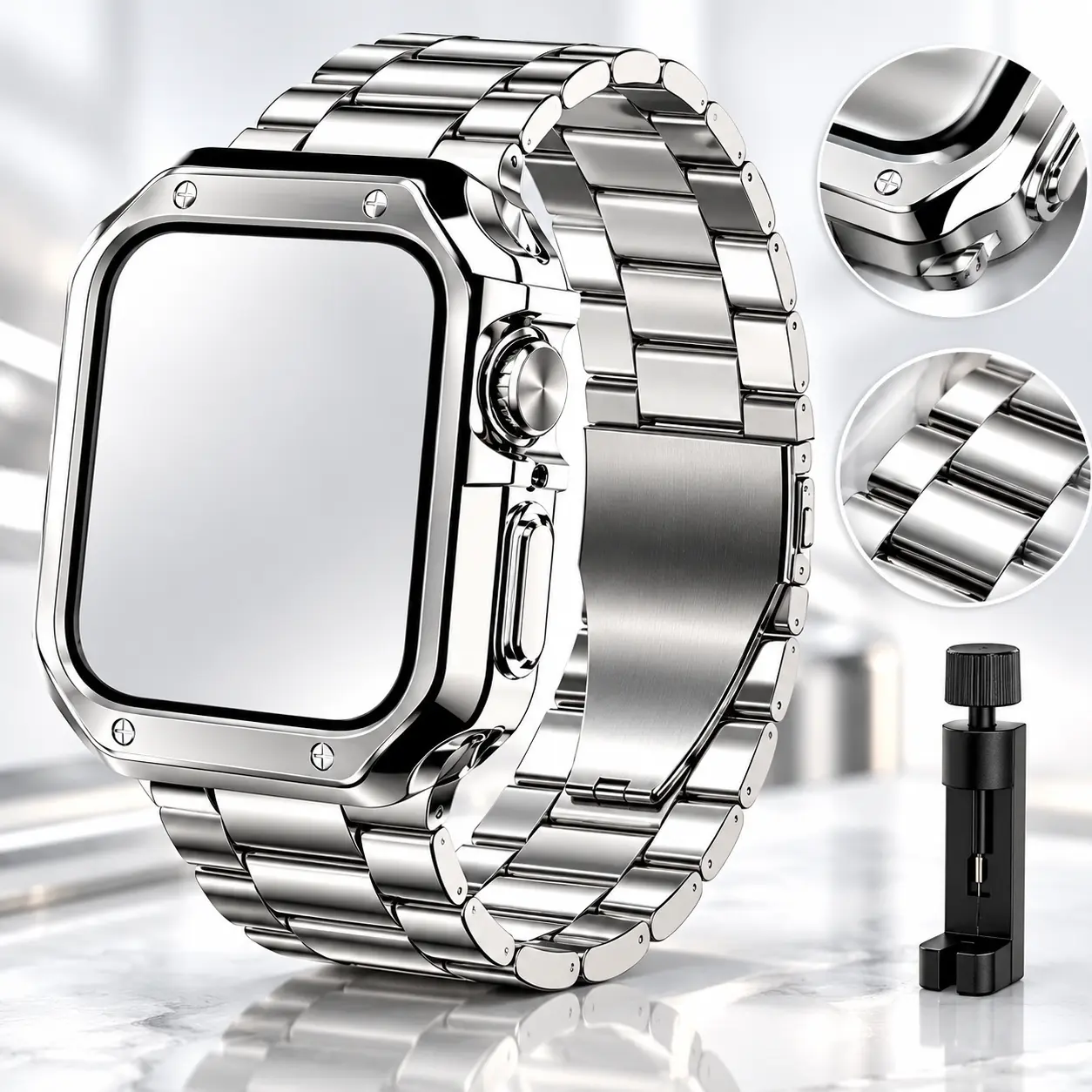 Stainless Steel Link Bracelet & Protective Watch Case Set for Apple Watch Series 1-12, SE, Ultra 1-4, Silver Metal Replacement Band with Rugged Bumper Cover, Adjustable Wrist Strap for Men & Women, Premium Fashion Watch Accessories