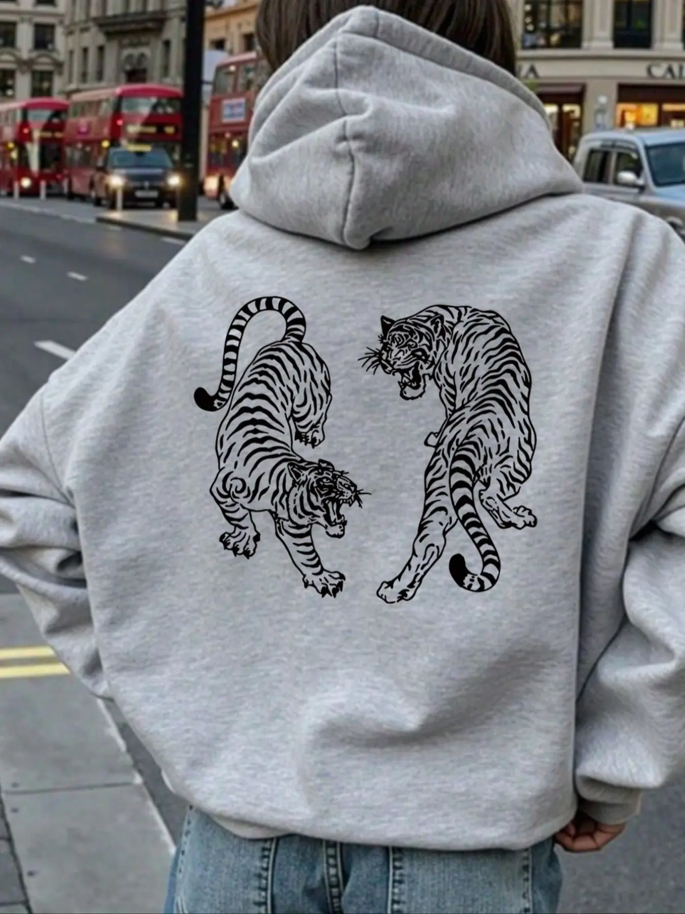 Street Style Tiger Animal Print Hoodie for Women, Fall & Winter Loose-Fit Thick Kint Fabric, Casual Fashion Pullover Sweatshirt