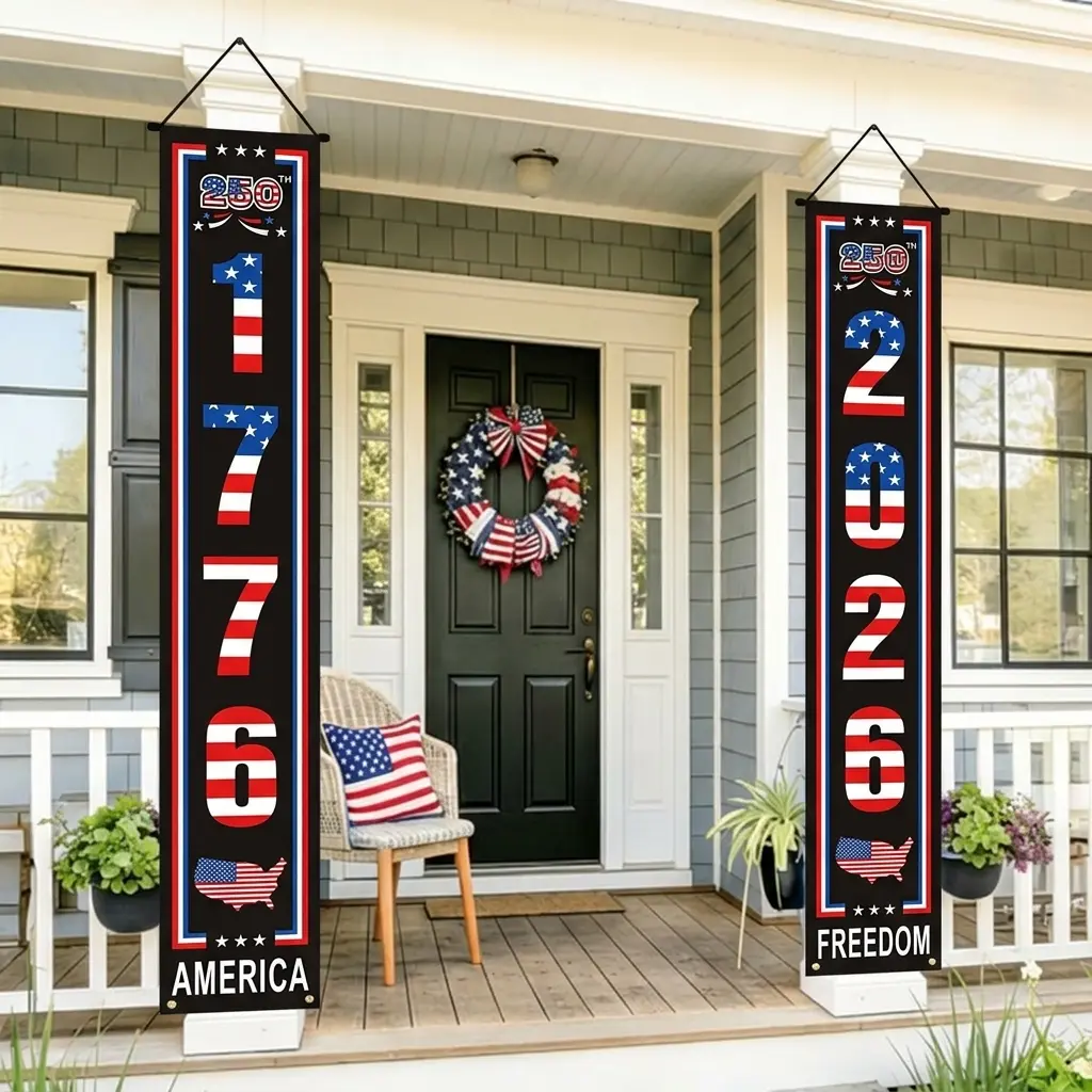 2-Pack Patriotic Polyester Flat Rectangle Banners - Independence Day 250th Anniversary Party Decoration Hanging Cloth Signs, 1776-2026 USA Spirit Indoor-Outdoor Front Door Flags, Anniversary Gift, Polyester Flat Banner, Party Decoration Banner