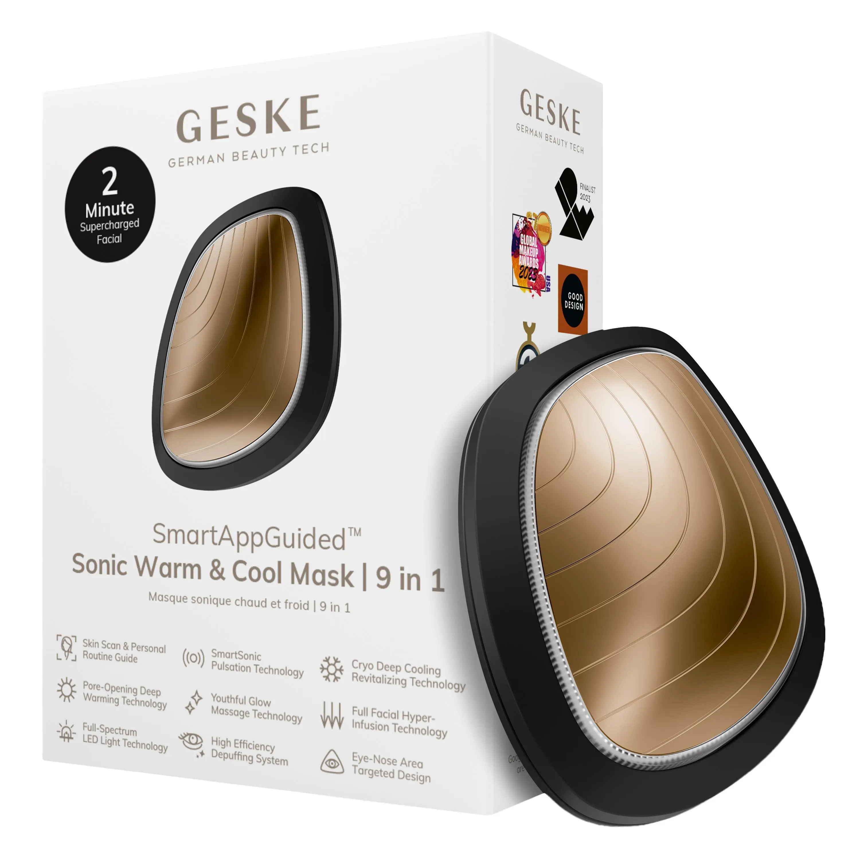 GESKE  SmartAppGuided™ Sonic Warm & Cool Mask | 9 in 1 | Beauty LED Face Mask | Facial Glow | Full Spectrum LED Light | Best Face Massager | Vibrating Mask | Warm and Cold Skincare