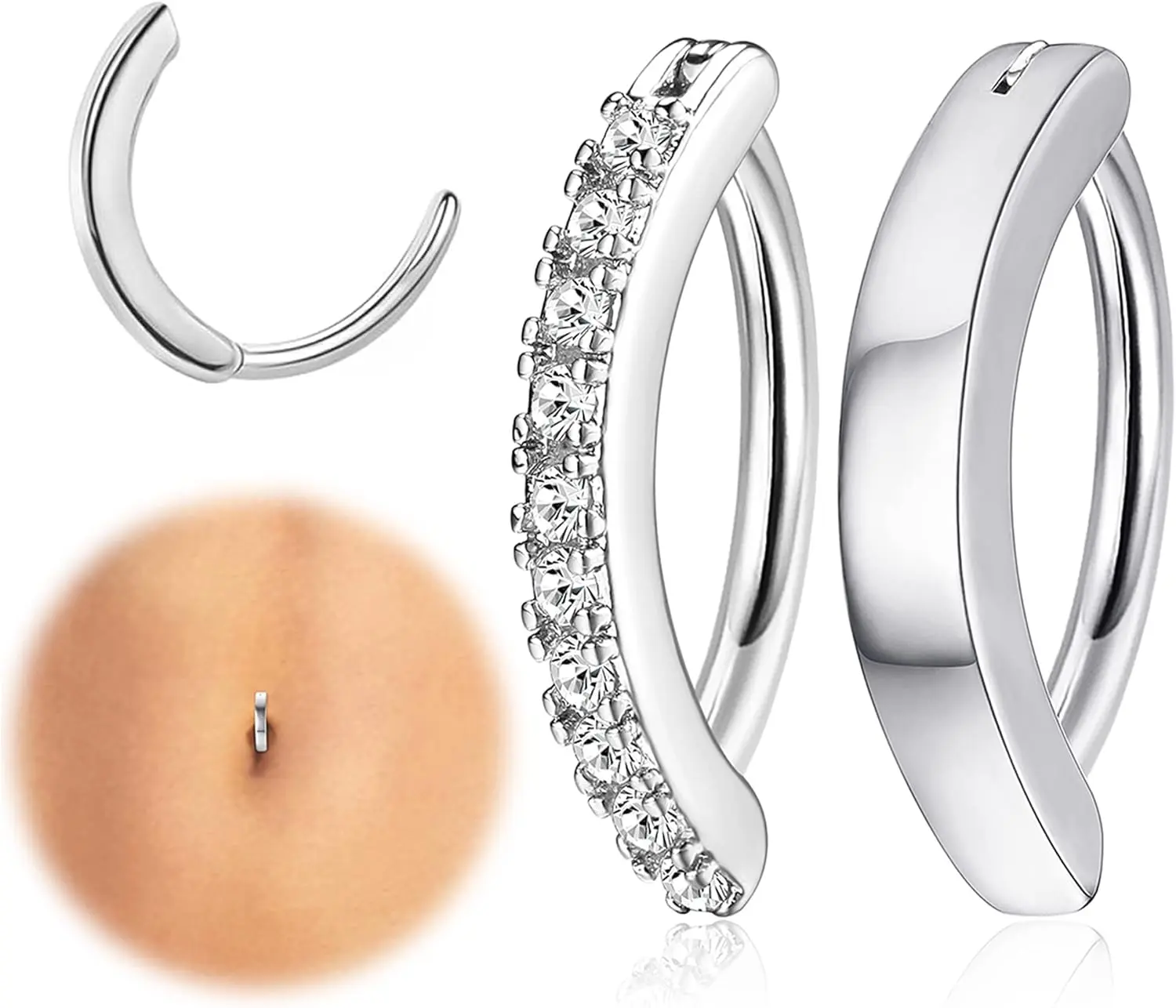 2 count 14G Clicker  Button Ring for Women Surgical Steel CZ Opal  Ring Simple Reverse Navel Rings