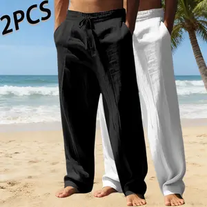 Men’s two-pack casual wide-leg pants, Japanese-inspired relaxed beach vacation style, breathable and skin-friendly linen fabric that stays cool and doesn’t trap sweat, drawstring elastic waistband for easy wear, loose straight cut that flatters all body t