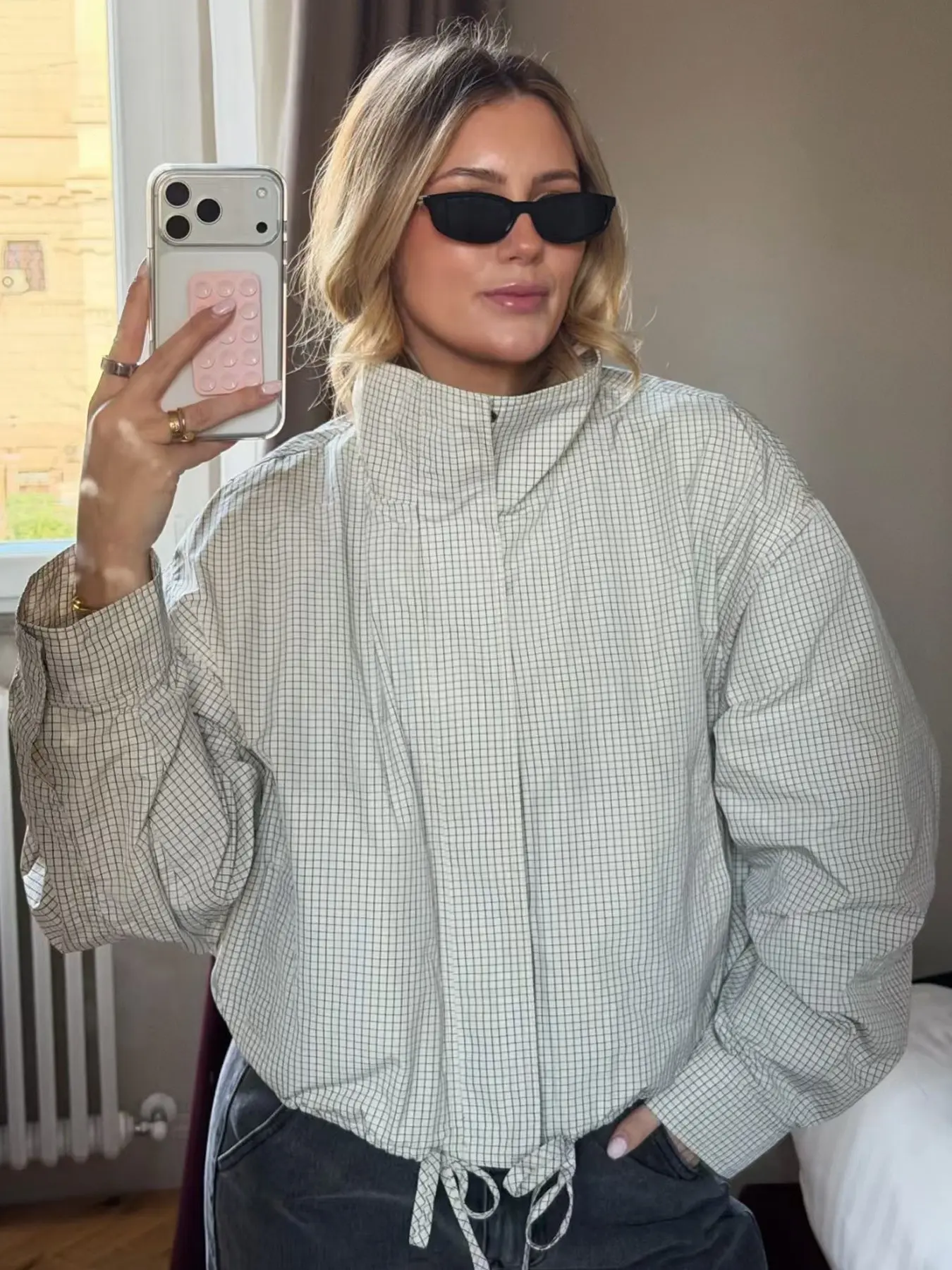 Plaid Oversized Baggy Bomber Jacket Women's Jacket Summer 2026 Fashion Thin Cropped Coat Casual High Neck Lace-Up Loose Long Sleeve Tops For Women Elegant All-Much High Street Outerwears Casual Chic Outerwear