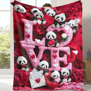 Valentines Panda Flannel Blanket Love Letter And Red Rose Print Soft Cozy Warm Decorative Throw For Bedroom Sofa Anniversary Wedding Gift Romantic Home Decor