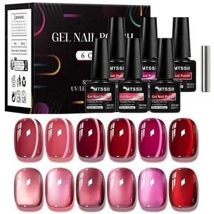 MTSSII 7pcs Red Magnetic Cat Eye Nail Gel Polish Set, Mirror Effect Red Holographic Reflective Soaking /LED Curable Gel Polish Kit with Magnetic stick, New Year & Holiday Nail Art Home Salon DIY Nail Manicure