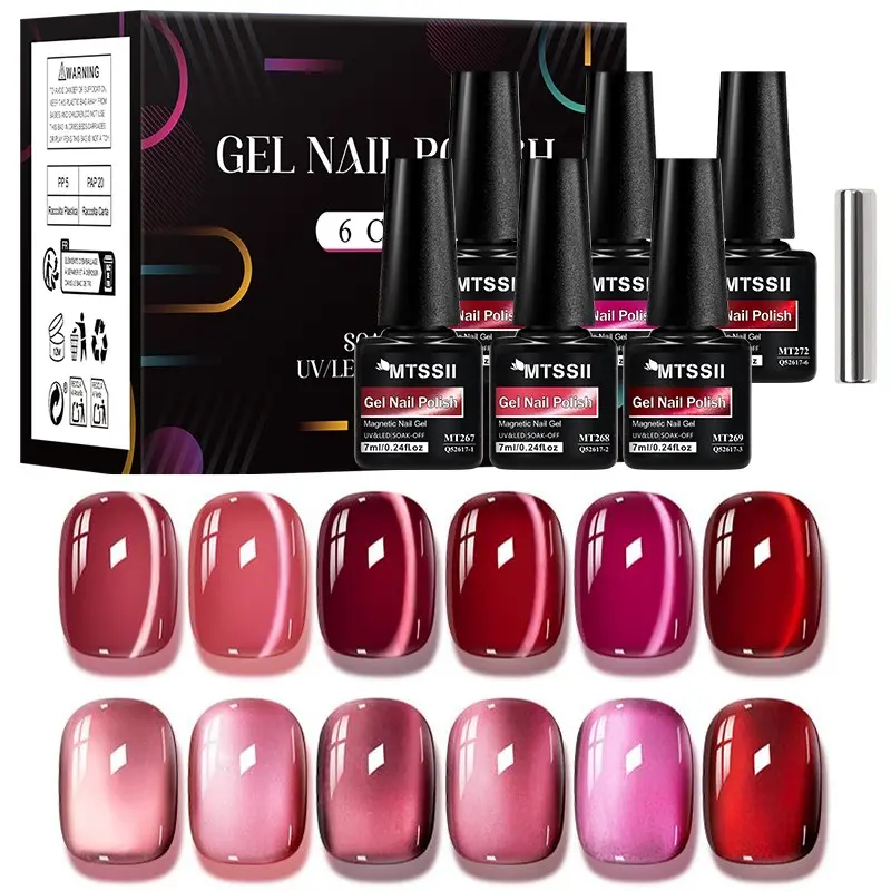 MTSSII 7pcs Red Magnetic Cat Eye Nail Gel Polish Set, Mirror Effect Red Holographic Reflective Soaking /LED Curable Gel Polish Kit with Magnetic stick, New Year & Holiday Nail Art Home Salon DIY Nail Manicure, Gel Nails