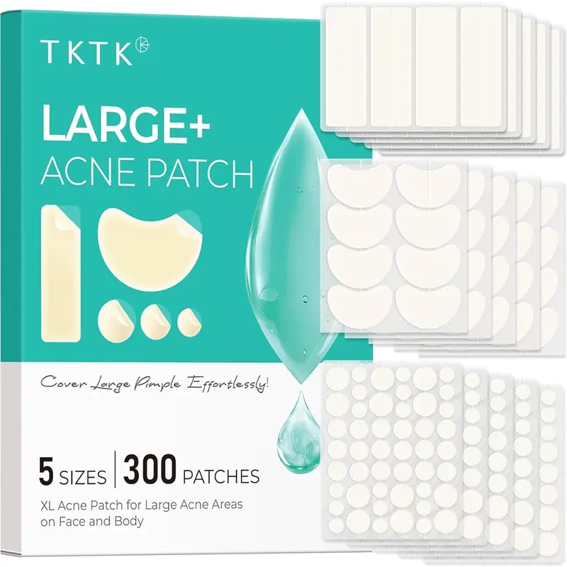 TKTK Large Pimple Patches for Face(Strip, Contoured, Dot 5 Sizes 300 Count) , Acne Patches 60 x 20 mm, XL Hydrocolloid Bandages for Forehead,Chin,Full Face,Back,Neck and Body Skincare,acne clearing products,pimple patch #Summervibes tiktokshopspringgl