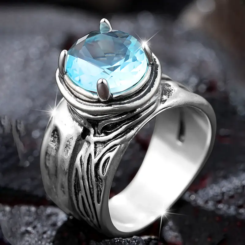 Women's Vintage Unique Ring - Blue Gemstone, 1.8cm Elegant Oval Crystal, Antique-Inspired Silver Band, Copper Base, Size 8, 6g/0.19oz/pc, Daily Wear Costume Fashion Jewelry, Unique Rings, for Fashion Enthusiasts
