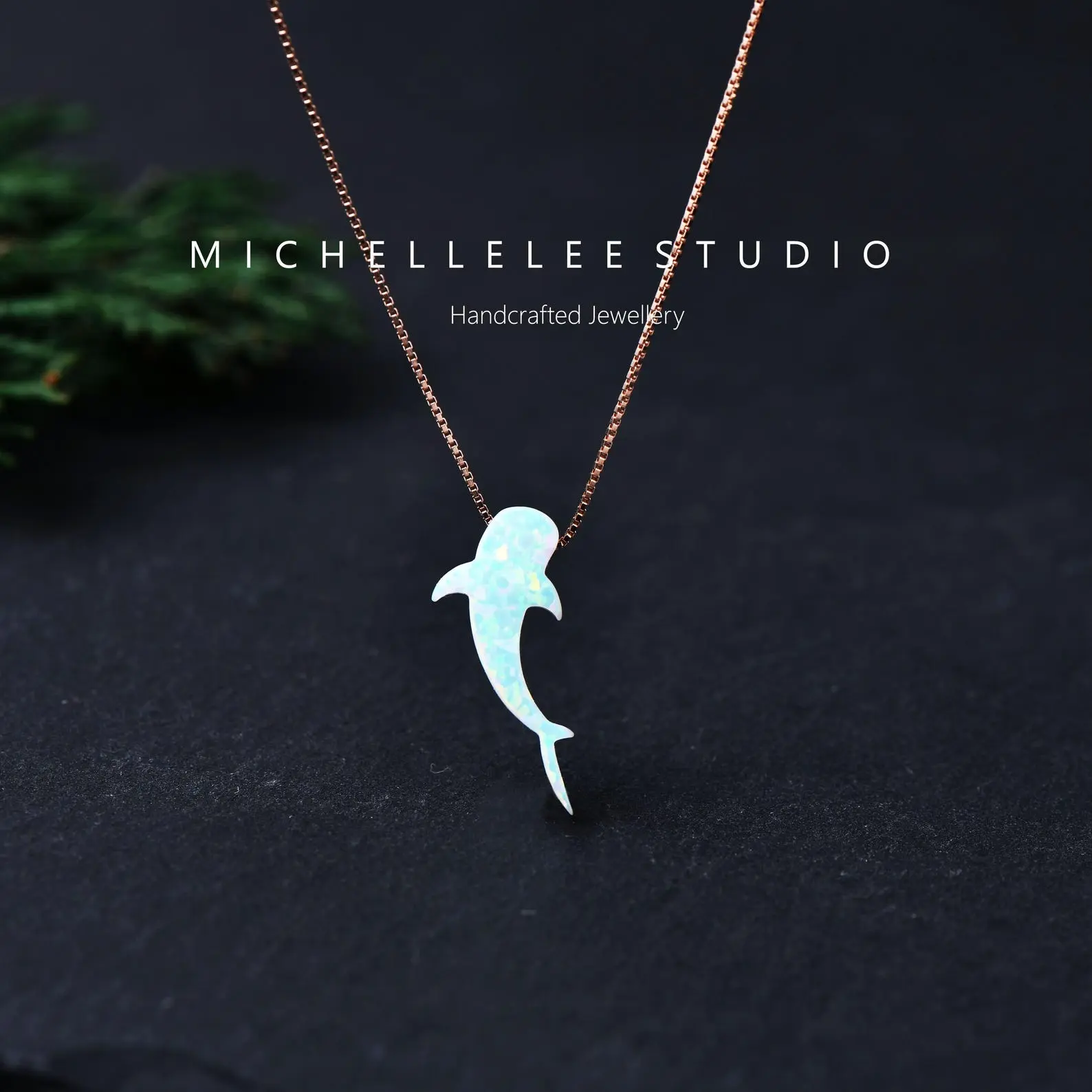 Blue Opal Whale Shark Pendant Necklace for Women, 14K Gold Plated Box Chain Dainty Ocean Animal Necklace, Handmade Synthetic Opal Marine Life Jewelry, Cute Minimalist Sea Creature Gift for Her Birthday Vacation