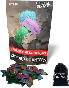 Citadel Black MTG Metal Keyword Counters – 24 Reversible Metal Tokens with Velvet Pouch