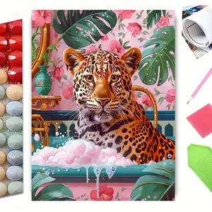 5D Full Drill Diamond Painting Kit, Leopard in Vintage Bathtub Tropical Jungle Art for Home Wall Decor, DIY Craft with Sparkling Rhinestones, Canvas & Tools, Perfect for Bathroom & Maximalist Themed Decoration