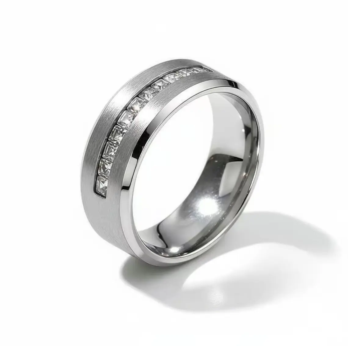 Men's Wedding Band, 6mm/8mm Brushed Titanium Steel Ring with Channel-Set Square CZ, Comfort Fit Promise Ring for Couples, Anniversary Gift, Rings For Couples
