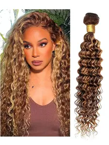 P4/27 Highlight Deep Wave Bundle 1 pc Brazilian 100% Remy Human Hair Extension Ombre Weave Bundle Deep Wave Hair