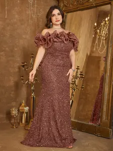 Elegant Off-Shoulder Mesh Patchwork Sequin Back Tie Waist Tight Bodycon Evening Party Dress, Chic Formal Gown, Formal Wear Womenswear Statement for Special Occasions