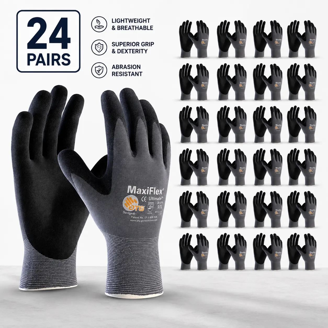 MaxiFlex Ultimate Foam Nitrile Work Gloves for Men – Micro-Foam Nitrile Grip, Nitrile Coated Safety Work Gloves, Breathable Seamless Nylon, Precision Grip, Construction, Warehouse, Automotive, General Purpose, Guantes Para Trabajo, 12/24 Pack
