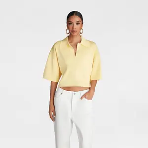 KBB by KAHLANA Women's Short Sleeve Boxy 'The Cropped Polo Sweater' - Yellow M