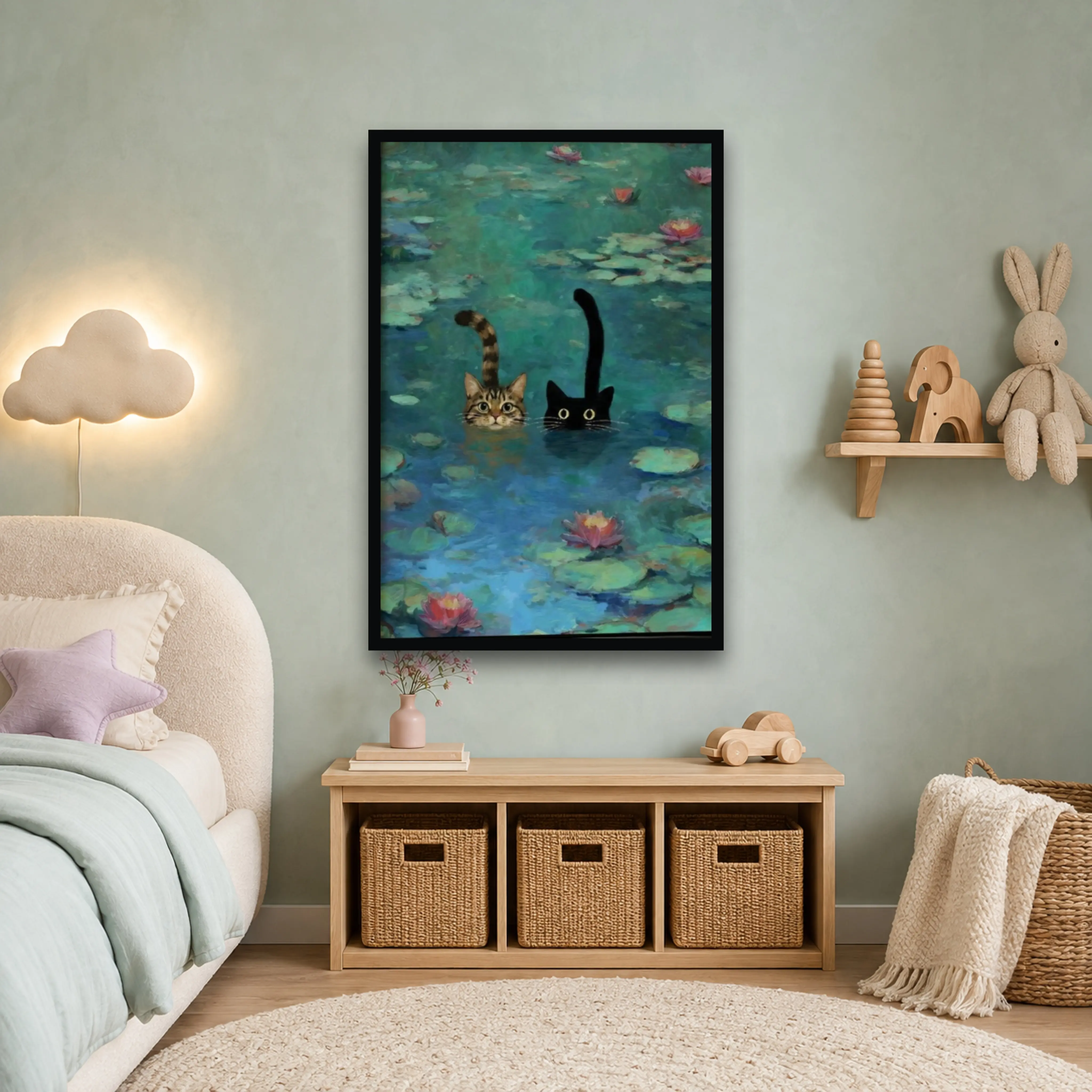 Monet Water Lilies Cat Art Print, Funny Tabby & Black Cat in Water Lily Pond Poster, Impressionism Cat Wall Decor, Cute Cat Painting for Living Room Bathroom Home Decor