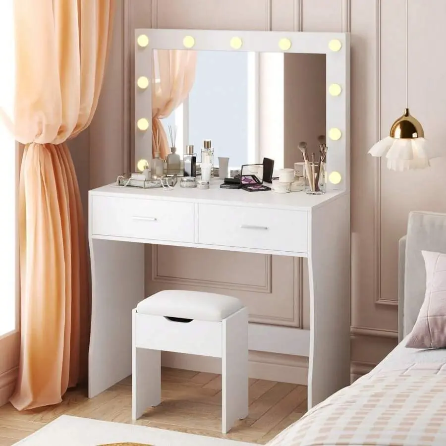 Classic White Makeup Vanity Set - Light Mirror, Desk, Chair, Large Drawers, Ample Storage Shelves, Easy Setup Indoor Furniture