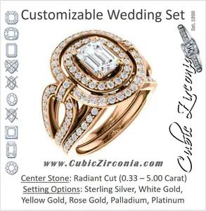 CZ Wedding Set, featuring The Jill engagement ring (Radiant Cut Double Halo with Ultrawide Split- Pavé Band)