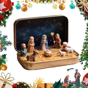 Mini Christmas Nativity Set in a Tin Box – Portable Mini Nativity Set with Resin Nativity Sets & Figures, Pocket-Size Holy Family Scene for Home Décor or Travel (1PC)