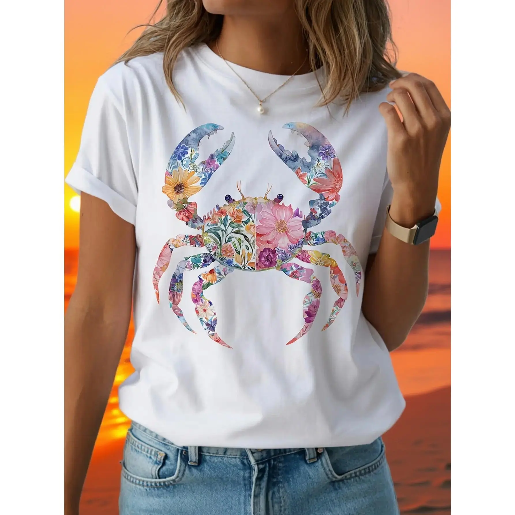 Women's Minimalist Cute Crab Print Short-Sleeve Round Neck Loose-Fitting Normal Type Polyester Tshirt - All Seasons Casual Top, Machine Washable, Ideal for Casual Attire & Gifting
