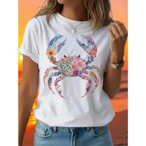 Women's Crab Print T-Shirt - Summer Casual Short Sleeve Round Neck Top Suitable for Casual Attire & Gifts, Crab Blouse