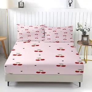 Cute Cherry & Heart Fitted Sheet Set, 3-Piece (1 Fitted Sheet + 2 Pillowcases) Soft Microfiber Bedding, Pink Kawaii Design – Perfect Gift for Girls & Teens