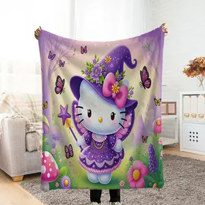 New Digital Print Flannel Blanket - Hello Kitty Cartoon Pattern, Perfect Halloween Gift, Thick Fleece Blanket, Leisure Blanket for Bedroom, Custom Couple Blanket, Oversized Double Blanket, Throw B