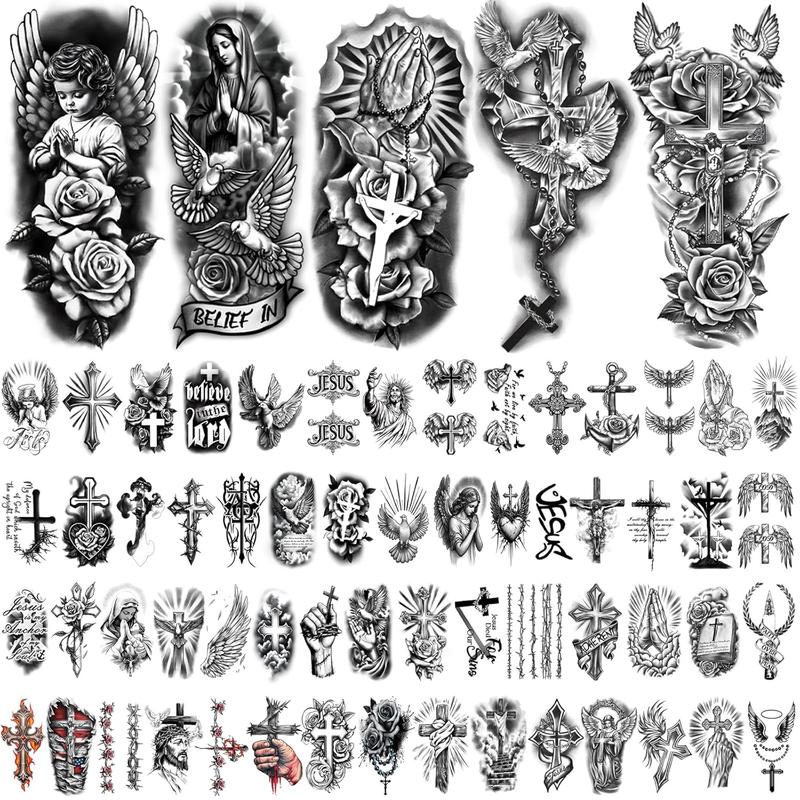 77 Sheets Christian Temporary Tattoo Adult Men Women Kids Religious Jesus Cross God Christ Catholic Realistic Half Sleeve Body Fake Tattoos Stickers