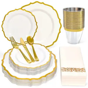 175 Dinnerware Set Gold Disposable Dinnerware Set for 25 Guests Include 50 25 Silverware Set 25 Cups and 25 for Mother's Day Wedding Birthday