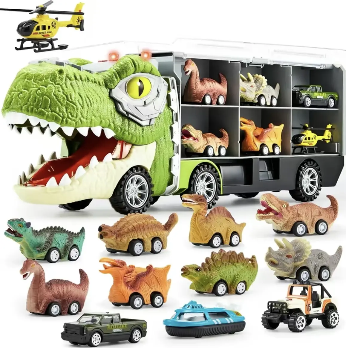 Kids Dinosaur Pull Back Transport Truck Toy Set Monster Truck Carrier with Sound Car Wash Fence Playset Mini Pull Back Cars 3-12 Year Old Boys Girls Christmas Birthday Gift Classic Story Play Toys