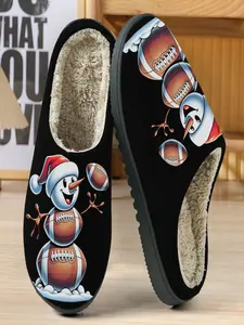 Christmas Snowman Cotton Slippers, Bottom Christmas Snowman & Football Illustration, Fuzzy Lining Warm, Casual Homewear