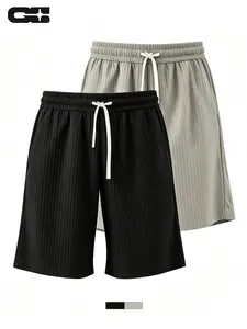 Men's 2-Pack Casual Breathable Shorts  Black,Gray Pleated Shorts 23004 Drawstring Elastic Waist Lightweight Stretch Casual Summer Shorts