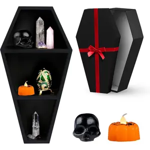 Coffin Shelf with Coffin  Box and Spooky Accessories Set - Spooky Coffin Decor 14 by 7 Inches - Black