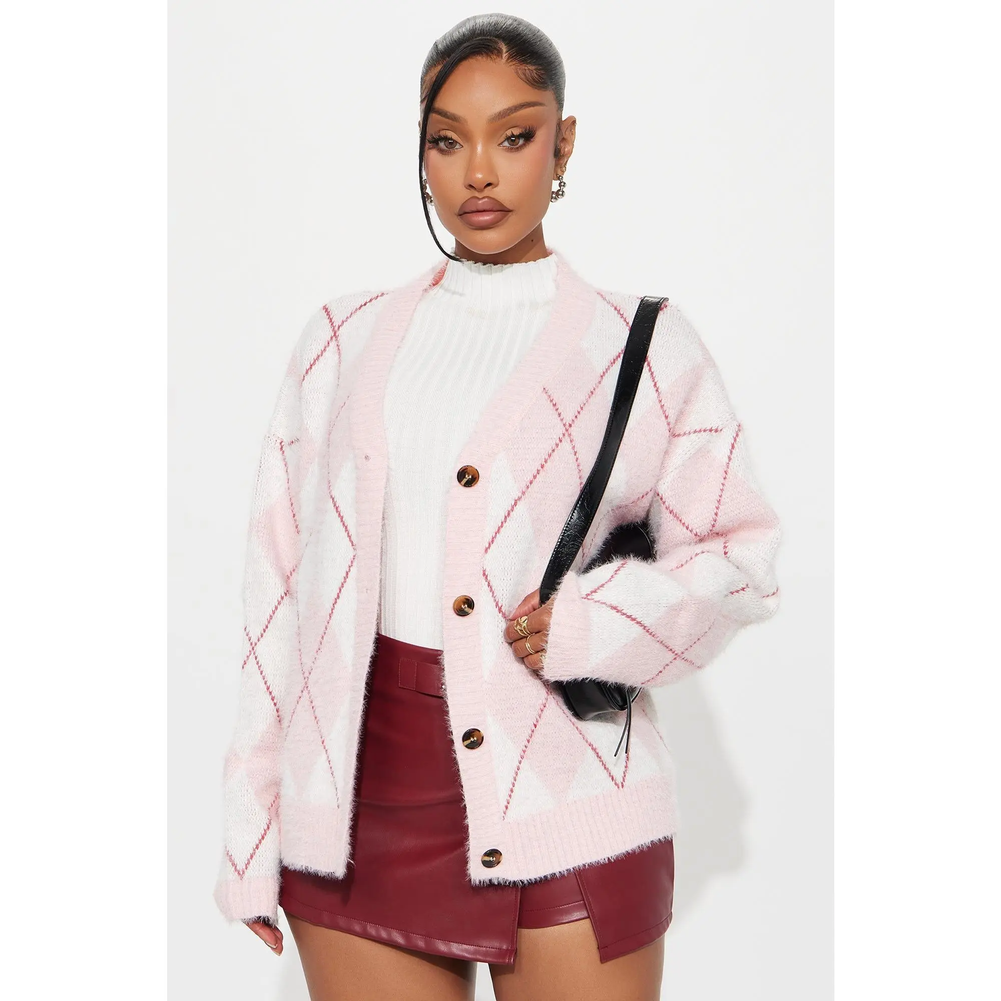 Preppy Girl Argyle Cardigan - Pink/combo