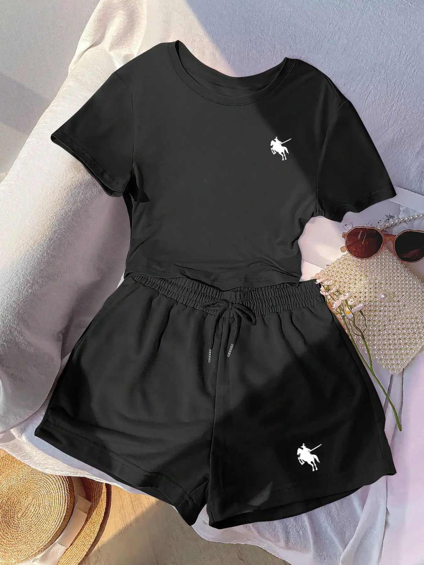 Viral TikTok Polo Pony Graphic Print Loungewear Set, Womenswear, Ultra Soft Breathable Cotton Tee & High-Waisted Drawstring Shorts Two-Piece Outfit, Cozy Casual Set for Home Lounging, Weekend Errands, Hangouts, Trendy Preppy Aesthetic Daily Wear for Women