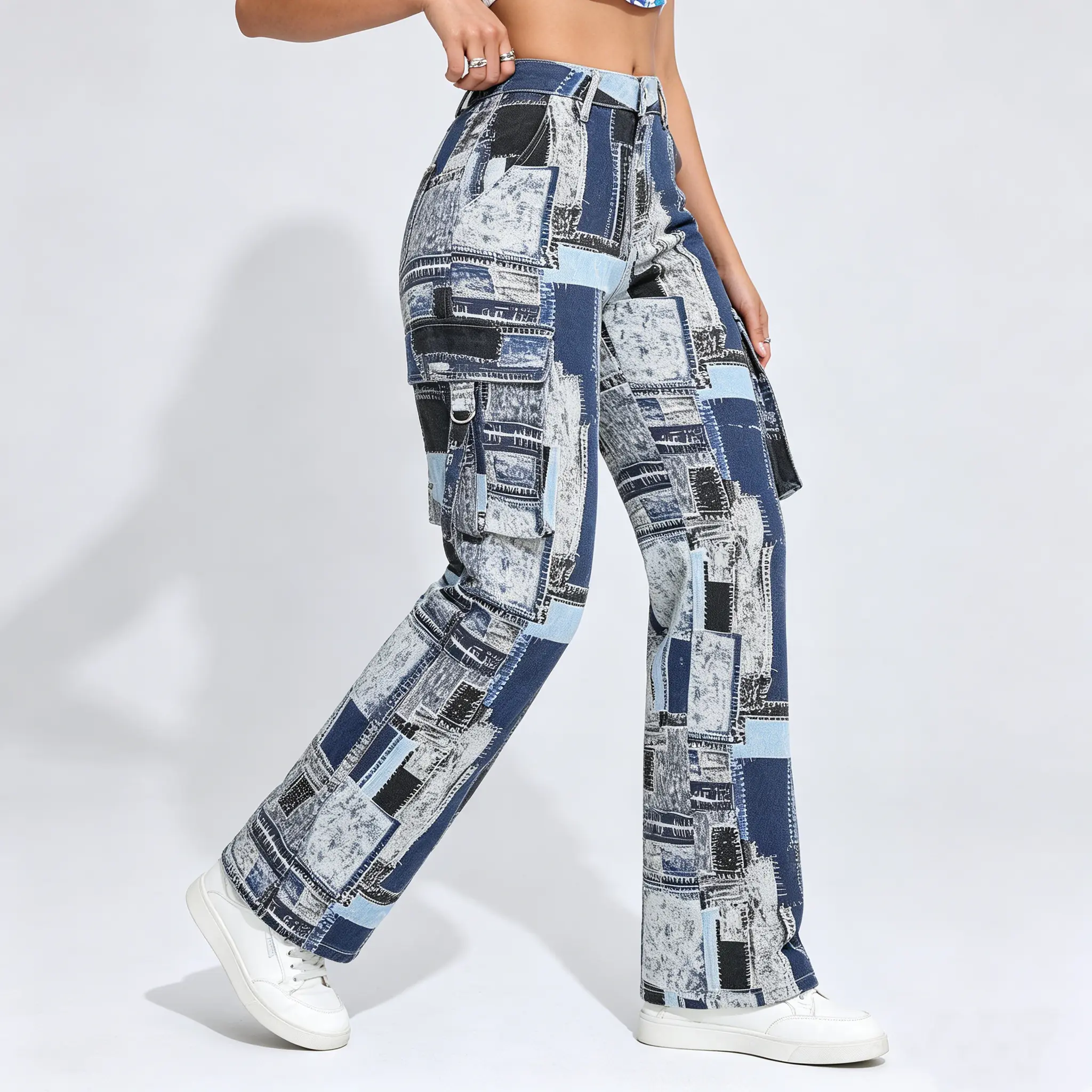 Women's Edgy Bottoms Statement Streetwear Patchwork Fitted Maxi Cargo Jeans  Beach Zipper Button Wide Leg Colorblock Design