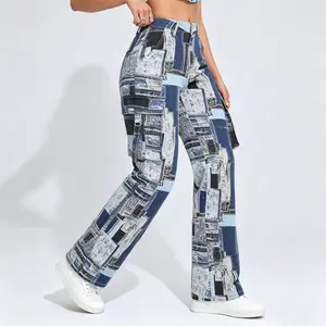 Women's Edgy Bottoms Statement Streetwear Patchwork Fitted Maxi Cargo Jeans  Beach Zipper Button Wide Leg Colorblock Design