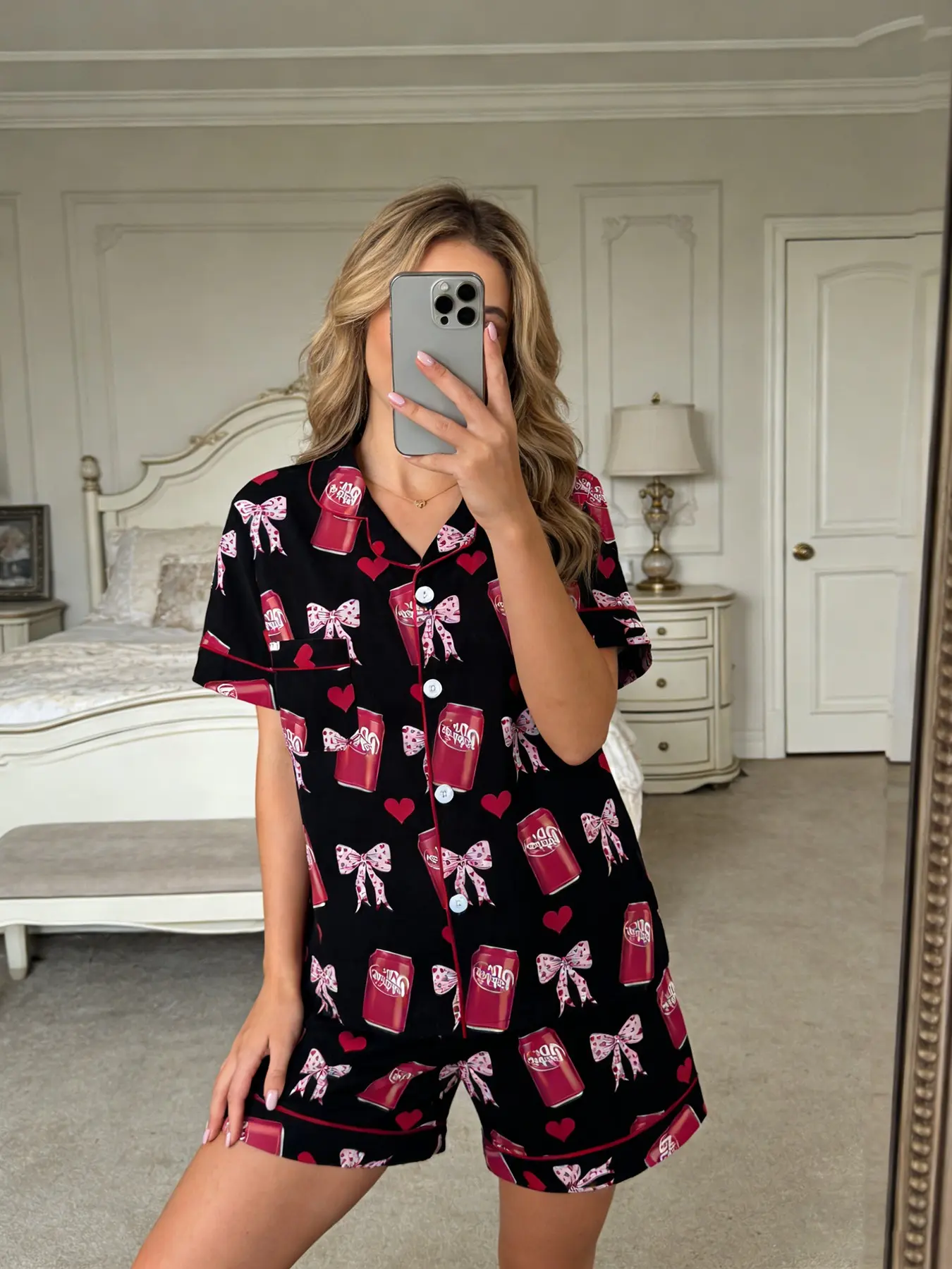 Women's Dr.Pepper Pajama Set Geometric Print, Short Sleeve Lapel Button-Up Fitted Top & Elastic Shorts, All-Season Comfortable Loungewear Nightwear, Pyjamas