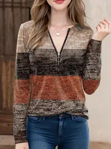 Women's Colorblock Striped Print Zipper Fitted Tee, Casual Long Sleeve Round Neck Top for Fall & Winter, Women's Clothes for Daily Wear