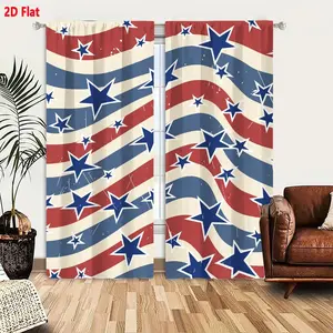 2D Flat 2-Piece Patriotic American Flag Window Curtain Set, Wavy Red White Blue Stripes with Blue Stars (Some White Outlines), Distressed Retro Pattern, Classic Stars & Stripes Design for Living Room Bedroom Decor