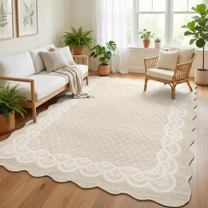 Washable Scalloped 8x10 Area Rug for Living Room, Lace Beige Rug for Bedroom Dorm, Washable Rugs 8x10 Soft Low Pile Non Slip Scalloped Rugs for Under Table Nursery College Bedroom Playroom