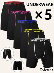 5 Packs Men's Stretchy Boxer Briefs – Casual Slim Fit, Breathable, Moisture-Absorbing Underwear for Daily Wear, All Seasons, Athleisure Menswear, Solid Color/Letter Tape – Ideal Christmas Gift
