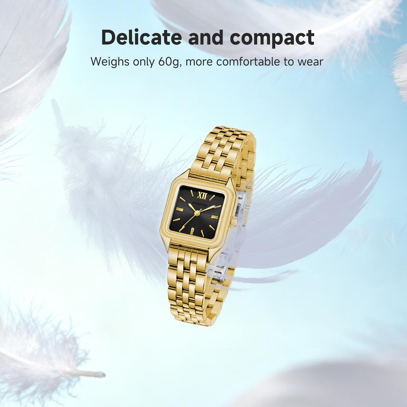 AMOVAN Gold Stainless Steel Bracelet Watch with Black Dial and Roman Numerals