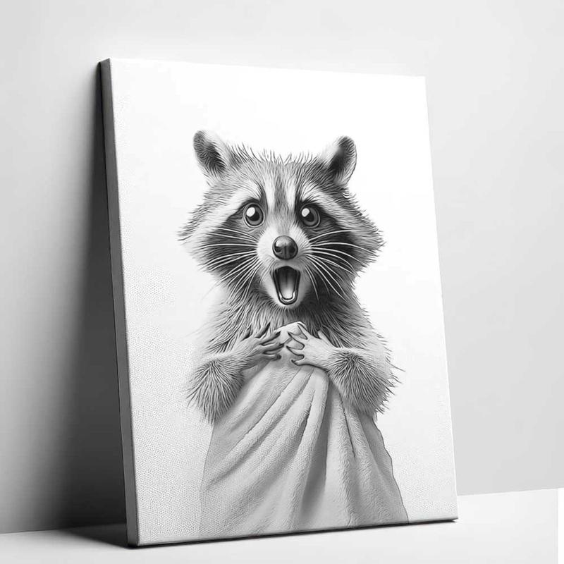 Framed Wall Art with Raccoon in Towel, 12x16in Funny Animal Bathroom Canvas Print, Black and White Raccoon Poster, Cute Raccoon Picture Wall Decor for Bathroom, Kids' Room, Bedroom, Nursery, Home