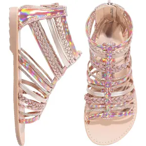 N Girls Gladiator Sandals Shimmer Strapped Summer Flat Open Toe Ankle Sandals with Heel Zipper for Little Big Kids Rose Gold Multicolor