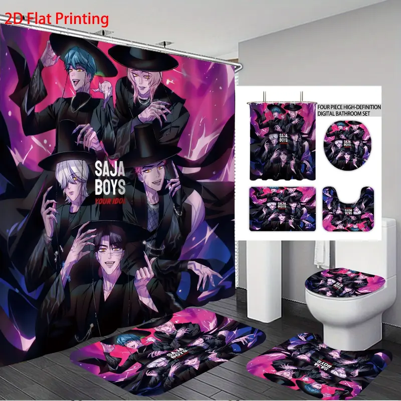 K-POP Demon Hunters Bathroom Set, Including Shower Curtain with 12 Hooks, Non-Slip Bath Rug, U-Shaped Toilet Mat, Toilet Lid Cover, Bathroom Decoration Accessories